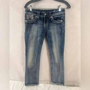 Miss Me Cuffed Capri Cropped Blue Denim Jeans Jewel Flap Back Pockets Size 25